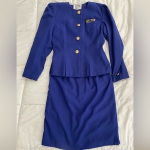 Vtg royal blue skirt suit blazer with gold buttons pleated work outfit church
